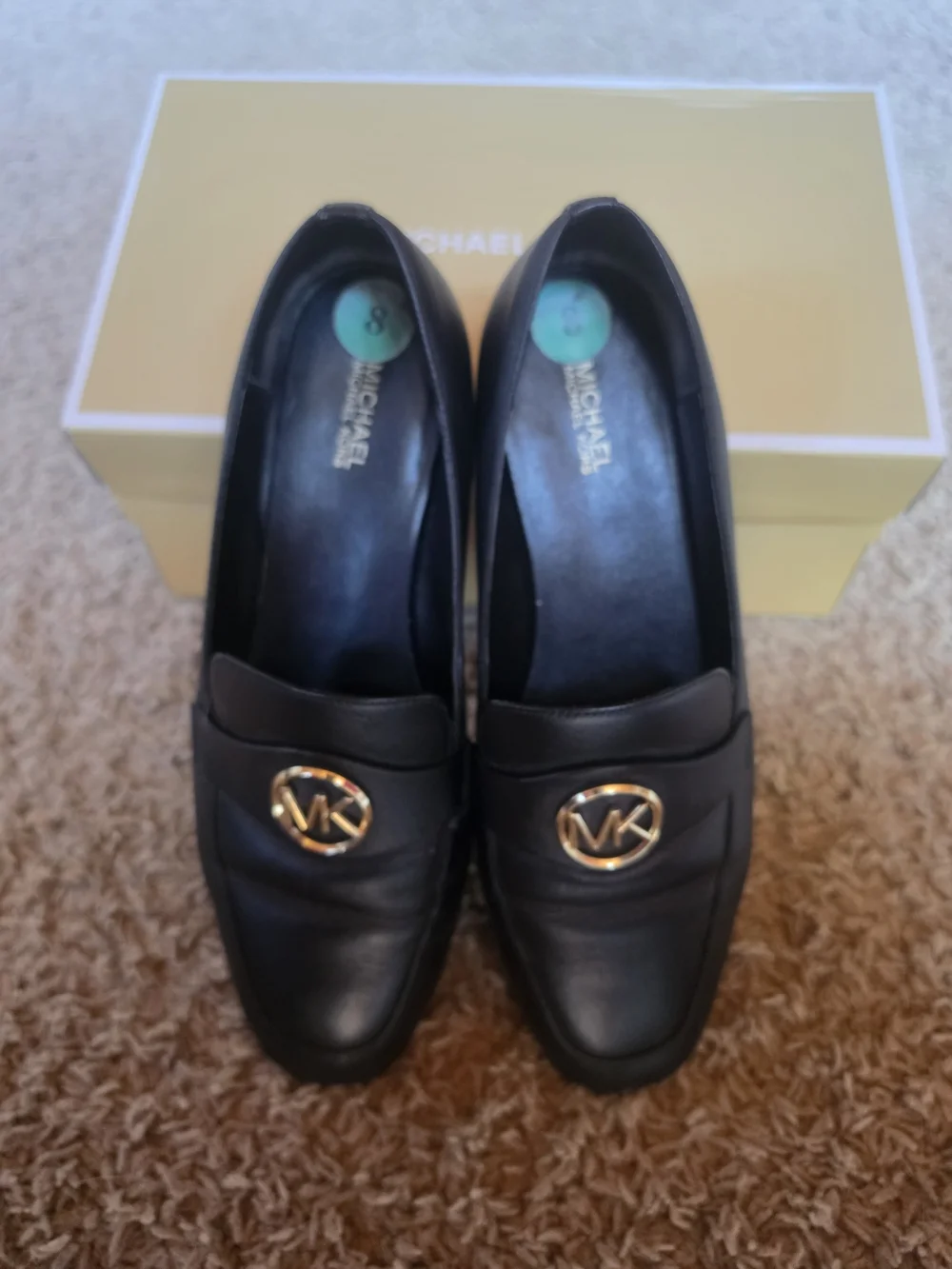 Michael Kors Black Leather Loafers with Gold MK Emblem